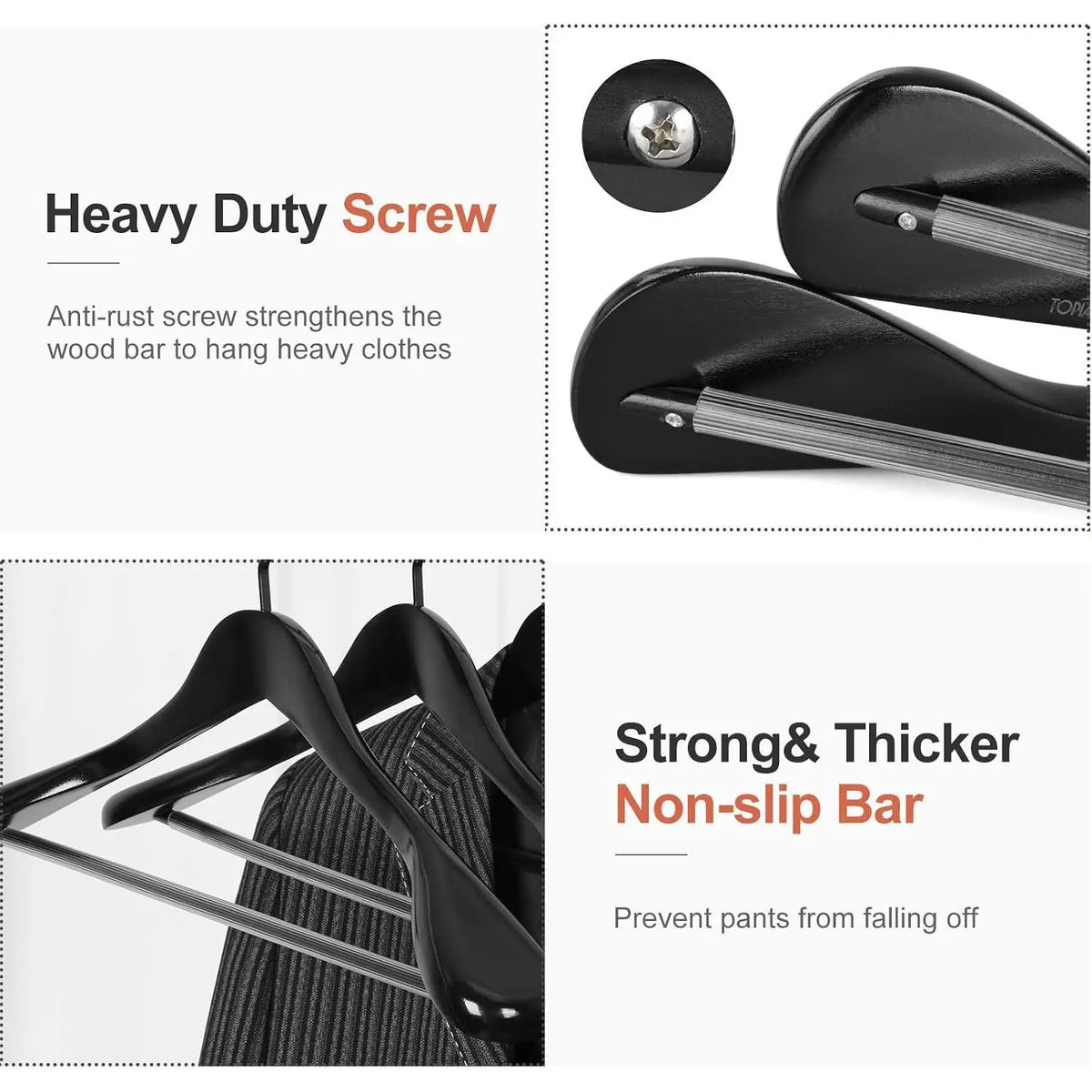 Black Wooden Coat Hanger 6 Pack, Wide Shoulder Wood Suit Hangers with Extra-Thick Flat Hooks & Anti-Slip Pants Bar, Heavy Duty Clothes Hangers,Glossy Finish, Black-CT02H
