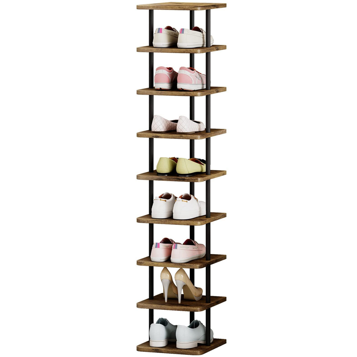 Shoe Rack 9 Tier Vertical Storage Organizer Narrow Metal Slim Shelf Modern Free Standing Shoe Tower Saving Space for Closet Entryway Bedroom