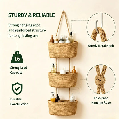 （2026 New）3-Tier Woven Cotton Over-the-Door Hanging Wall Basket, Jute Home Organizer Storage - Woven Cotton Feels Natural, Adds Warm Woven Charm to Any Room, Ideal for Dorm Back-to-School, Baby Wipes & Light Toys Storage, Storage Organizer
