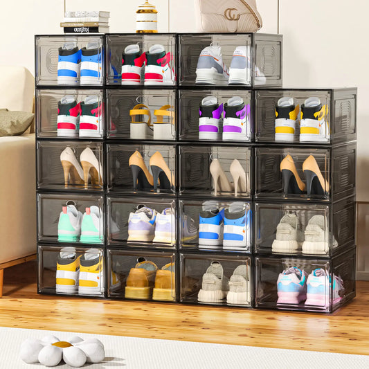 7CODE 24 Pack Thicken & Sturdy Stackable Shoe Organizer White Shoe storage Adjustable Standing Shelf Racks for Sport Sneaker Display Upgraded Sturdy Shoe Storage Box Plastic Easy to install,Magnetic Door, Dustproof storage box,dorm essentials,home decor