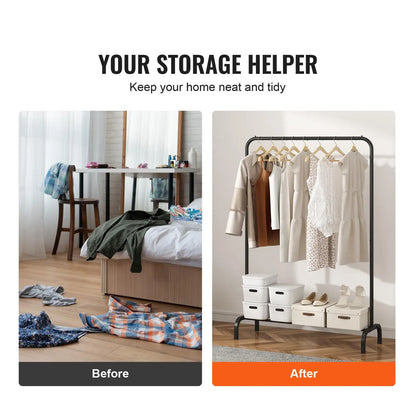 VEVOR Heavy Duty Carbon Steel Clothes Rack, Wardrobe Organizer with Hanging Rod & Bottom Storage Shelf, Stable U-Base Resists Wobbling Wobble-Free Garment Rack for Bedroom Laundry Room