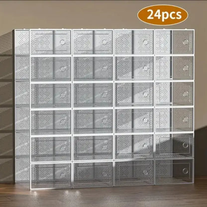 6/12/18/24/30-Pack Stackable BPA-Free Durable Plastic Shoe Storage Boxes - Dustproof, Moisture-Resistant Sneaker Organizer with Magnetic Door, Space-Saving Closet Organizer Storage for Dorm, Entryway, Easily Visible Shoes, Foldable