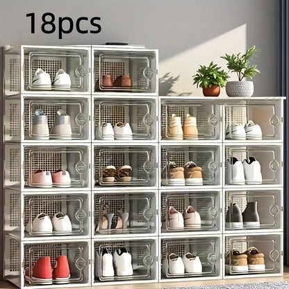 6/12/18/24/30-Pack Stackable BPA-Free Durable Plastic Shoe Storage Boxes - Dustproof, Moisture-Resistant Sneaker Organizer with Magnetic Door, Space-Saving Closet Organizer Storage for Dorm, Entryway, Easily Visible Shoes, Foldable