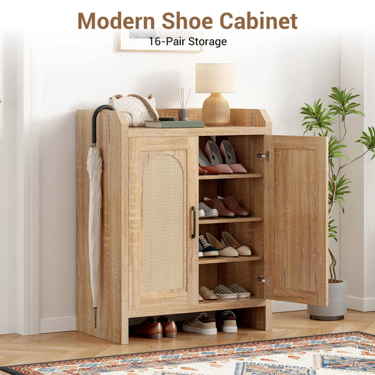 Natural Rattan Shoe Cabinet with Doors, 4-Tier Wooden Shoe Organizer, Shoe Storage Cabinet with Adjustable Shelves, Shoe Cabinet Storage for Entryway,Hallway, Living Room, Bedroom,Closet,dorm essentials,home decor