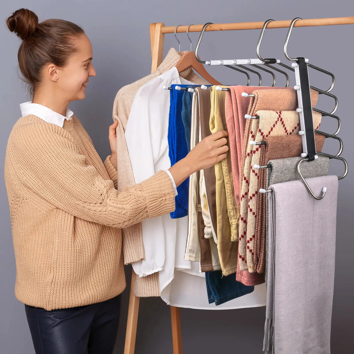 2 Pack Pants Hangers Space Saving Clothes Hanging 5 Layers, Non Slip Clothes Hangers for Closet Organizers and Storage Home Organization