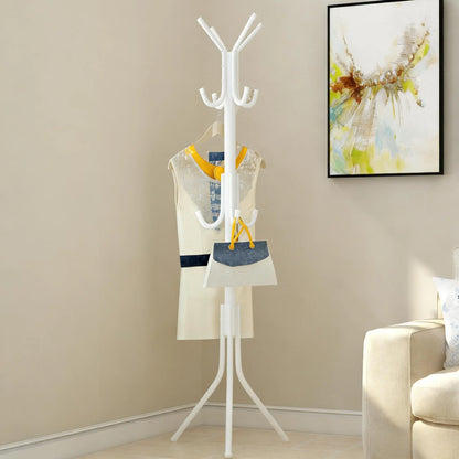Durable Freestanding Carbon Steel Garment Rack - Compact Yet Spacious Hall Tree with 12 Hooks, Sturdy Triangular Base, Plastic Hat Organizer, Display Stand, Bag Hangers, Quick-Setup Steel Pipes for Dorm, Hallway Home Furniture