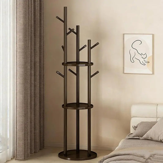 VDXGHU Solid Wood Rotating Coat Rack - Freestanding Round Shape Single Unit Organizer with 9 Hooks, 3 Storage Shelves, Rotates Easily, Organizes Clothes for Hallway, Bedroom Corner, Mixed Wood/Metal