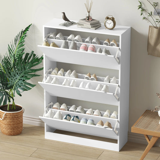 Natural Finish Adjustable Shoe Cabinet with Hidden Storage，Shoe Storage Cabinet with 3 Flip Drawers,Narrow Shoe Rack Cabinet,Freestanding Organizer Storage for small-sized multifunctional furniture White fathers day gift ideas,dorm essentials,home decor