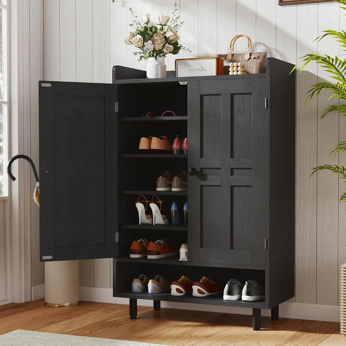 Farmhouse Shoe Cabinet with Doors, 6-Tier Wooden Shoe Organizer with Adjustable Shelves, Entryway Storage Cabinet with Metal Legs, Rustic Shoe Storage for Entryway or Living Room