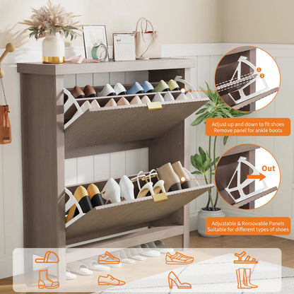 GARVEE 32.3" Narrow Wooden Shoe Storage Cabinet with 2 Flip Drawers - Slim Hidden Shoe Rack Organizer, Wall-Mount Option, Sturdy Base, Tilt-Out Design for Entryway, Small Spaces, Metal