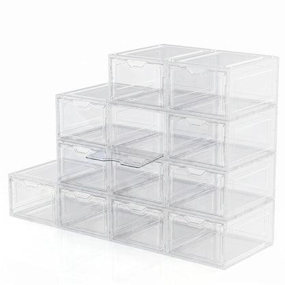 DELAMU 12-Pack Transparent Magnetic Shoe Storage Boxes, Stackable Waterproof Dustproof Organizer, Sturdy Thickened Acrylic, Easy Assembly, for Sneakers, Dorm Room, Bedroom, Shoe Rack Organizer