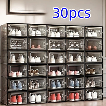 6/12/18/24/30-Pack Stackable BPA-Free Durable Plastic Shoe Storage Boxes - Dustproof, Moisture-Resistant Sneaker Organizer with Magnetic Door, Space-Saving Closet Organizer Storage for Dorm, Entryway, Easily Visible Shoes, Foldable
