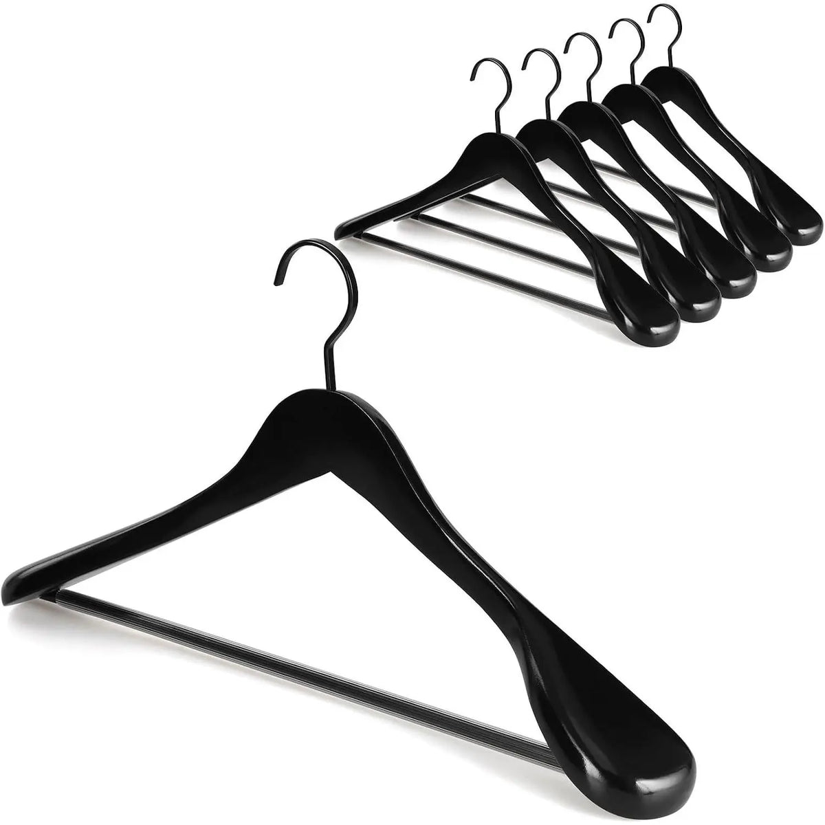 Black Wooden Coat Hanger 6 Pack, Wide Shoulder Wood Suit Hangers with Extra-Thick Flat Hooks & Anti-Slip Pants Bar, Heavy Duty Clothes Hangers,Glossy Finish, Black-CT02H