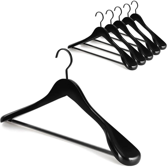 Black Wooden Coat Hanger 6 Pack, Wide Shoulder Wood Suit Hangers with Extra-Thick Flat Hooks & Anti-Slip Pants Bar, Heavy Duty Clothes Hangers,Glossy Finish, Black-CT02H