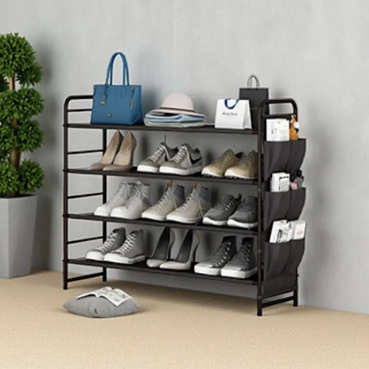 SUOERNUO Stable 4-Tier Vertical Shoe Rack Organizer - Free-Standing Iron + Fabric Shelf with Side Bag, Holds 9-12 Pairs, 10-15 kg Capacity, Bronze Organizer Storage for Entryway Bedroom, Small Room Organization