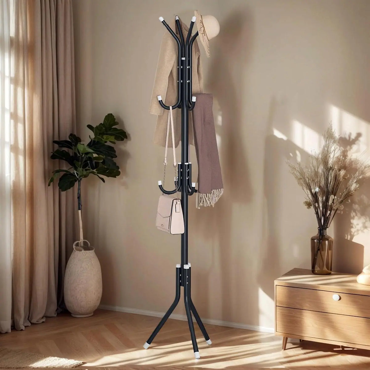 Durable Freestanding Carbon Steel Garment Rack - Compact Yet Spacious Hall Tree with 12 Hooks, Sturdy Triangular Base, Plastic Hat Organizer, Display Stand, Bag Hangers, Quick-Setup Steel Pipes for Dorm, Hallway Home Furniture