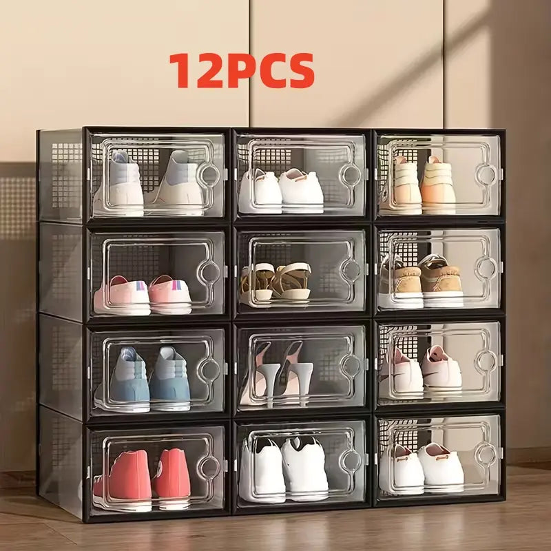 Stackable Shoe Storage Container, Transparent Hard Plastic Box, DIY Easy Assembly, Door Frame, Space Saving, Foldable Multi-Functional, Clear Shoe Boxes, Shoes Storage