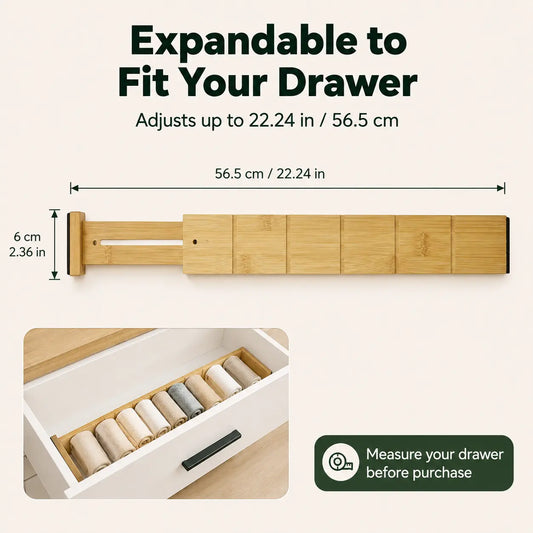 Bamboo Drawer Dividers - Adjustable, Expandable, Customizable Size Organizer Set (4 Dividers + 9 Inserts) - Space-Saving Beauty Bedroom Vanity Organization Home Storage Holder for Closet Drawers, Closet Storage