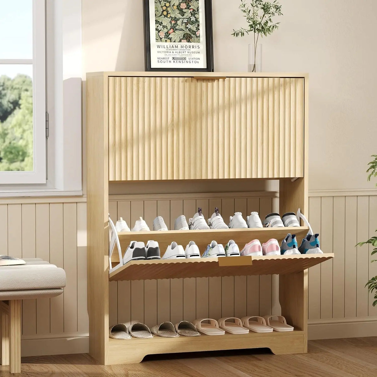 Slim Fluted Shoe Storage Cabinet, 2 Flip Drawers Shoe Rack Cabinet with Open Storage, Wooden Hidden Shoe Organizer Freestanding Narrow for Hallway, Entrance & Foyer