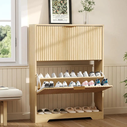Slim Fluted Shoe Storage Cabinet, 2 Flip Drawers Shoe Rack Cabinet with Open Storage, Wooden Hidden Shoe Organizer Freestanding Narrow for Hallway, Entrance & Foyer