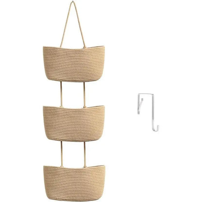 14in 3-Tier Woven Cotton Over-The-Door Hanging Basket Organizer with Handles, Multifunctional Storage for Bathroom Beauty Essentials, Closet Organization, Room Storage