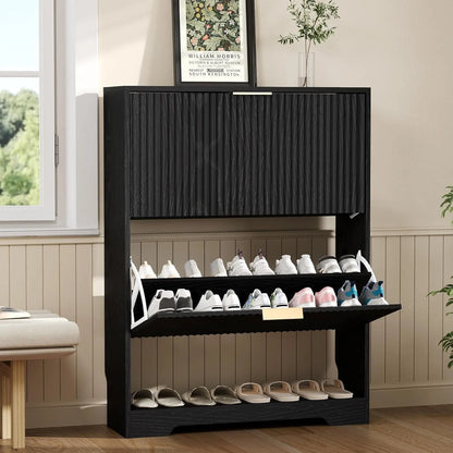 Slim Fluted Shoe Storage Cabinet, 2 Flip Drawers Shoe Rack Cabinet with Open Storage, Wooden Hidden Shoe Organizer Freestanding Narrow for Hallway, Entrance & Foyer