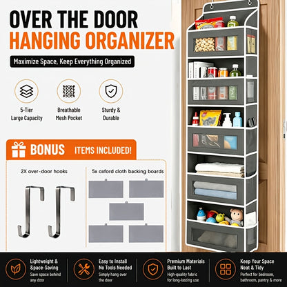 Over The Door Organizer Storage, 5 Shelf Hanging Door Organizer With 10 Large Capacity Pockets, No Drilling Required Anti Tilt 44 Lb Load Behind Door Storage For Bedroom, Bathroom, Pantry, Nursery, Child Children Nursery