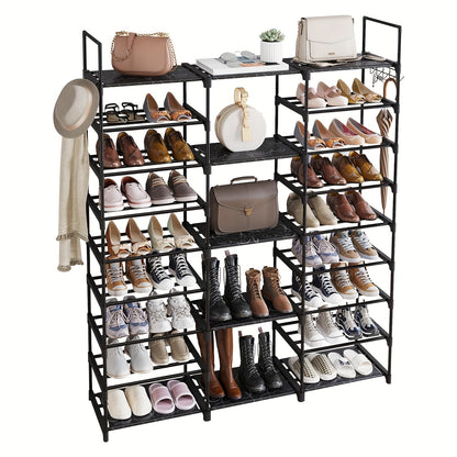1pc 9 Tier Shoe Rack Organizer(129.5 Depth X 26.9 Width X 155.4 Height Cm), Black, 50-55 Pairs, Stackable Metal Shelf With Hooks For Entryway, Shoe Racks For Bedroom Closet, For Halloween And Christmas