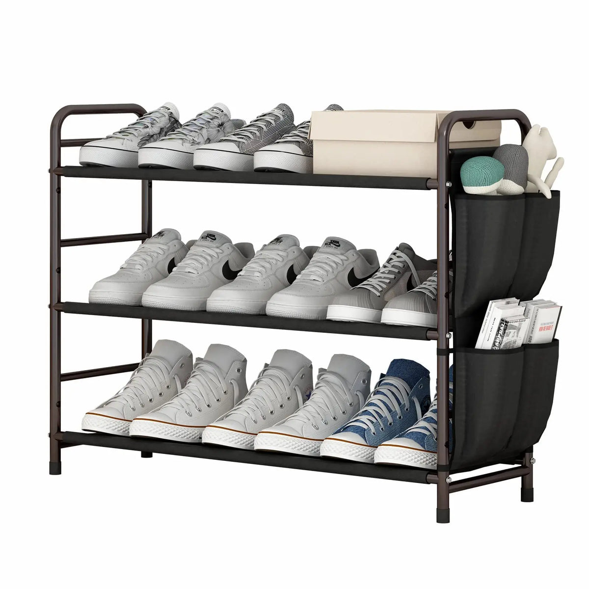 SUOERNUO Stable 4-Tier Vertical Shoe Rack Organizer - Free-Standing Iron + Fabric Shelf with Side Bag, Holds 9-12 Pairs, 10-15 kg Capacity, Bronze Organizer Storage for Entryway Bedroom, Small Room Organization
