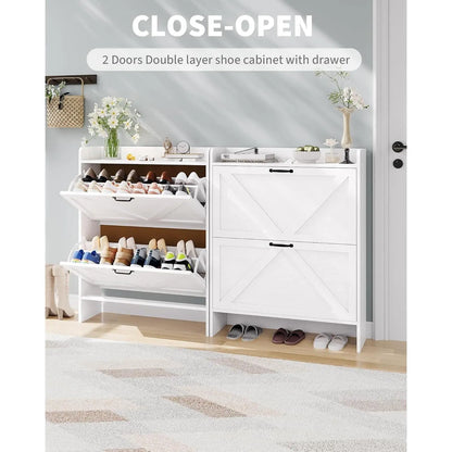 Slim Narrow Shoe Cabinet with 2 Turn over Drawers – Hidden Large Capacity Storage Organizer for Entryway or Hallway – Adjustable Shelf, Dustproof Freestanding Design, Sturdy MDF & Metal Legs, Modern Farmhouse & Industrial Style, Anti-Tip – Black or White