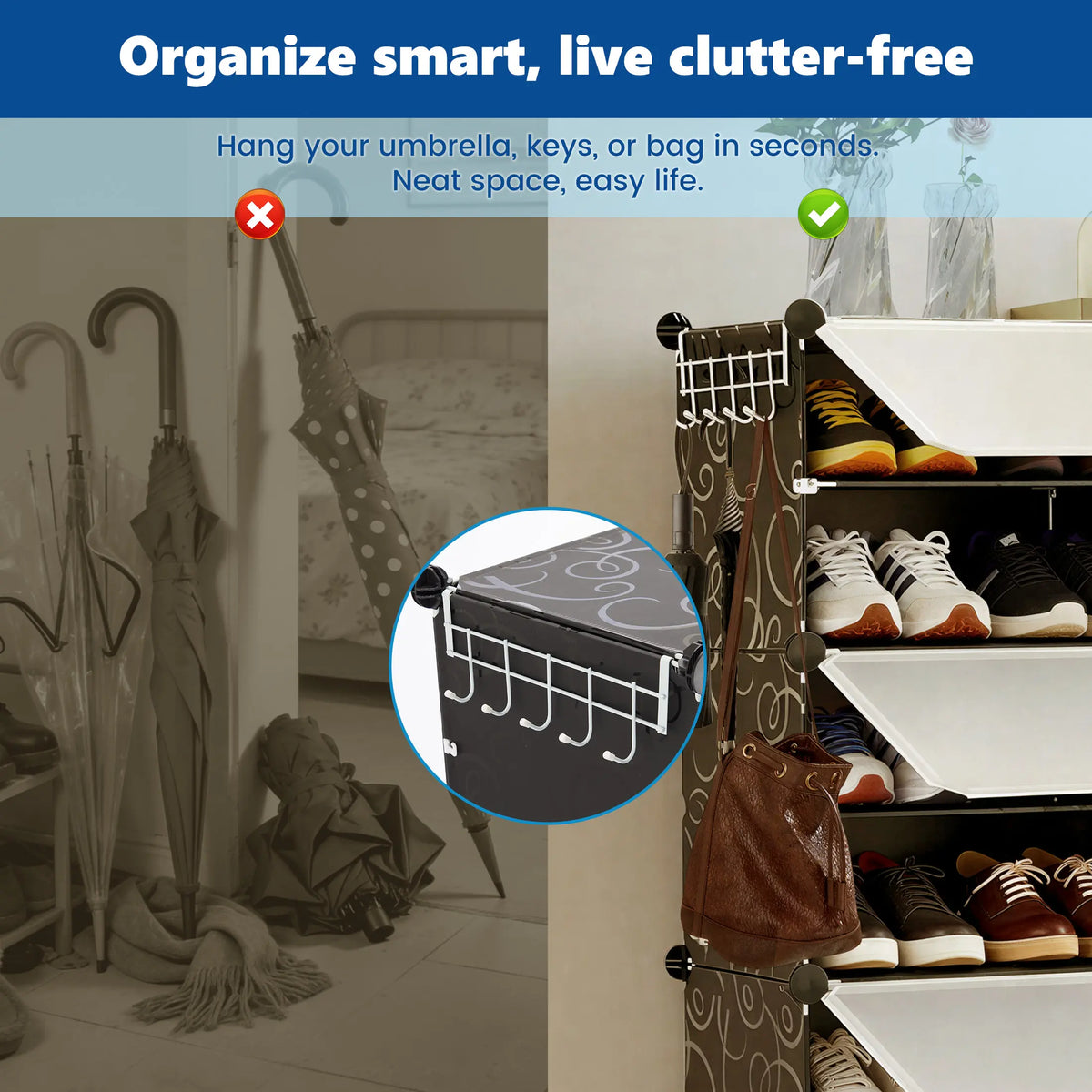 6/8-tier shoe cabinet, 24/32-tier capacity, with side hooks, sturdy metal frame, and black and white plastic panel shelves. Suitable for entryways, living rooms, and walk-in closets