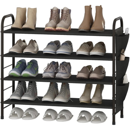 SUOERNUO Stable 4-Tier Vertical Shoe Rack Organizer - Free-Standing Iron + Fabric Shelf with Side Bag, Holds 9-12 Pairs, 10-15 kg Capacity, Bronze Organizer Storage for Entryway Bedroom, Small Room Organization