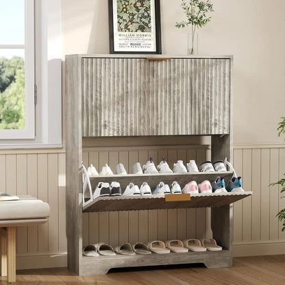 Slim Fluted Shoe Storage Cabinet, 2 Flip Drawers Shoe Rack Cabinet with Open Storage, Wooden Hidden Shoe Organizer Freestanding Narrow for Hallway, Entrance & Foyer