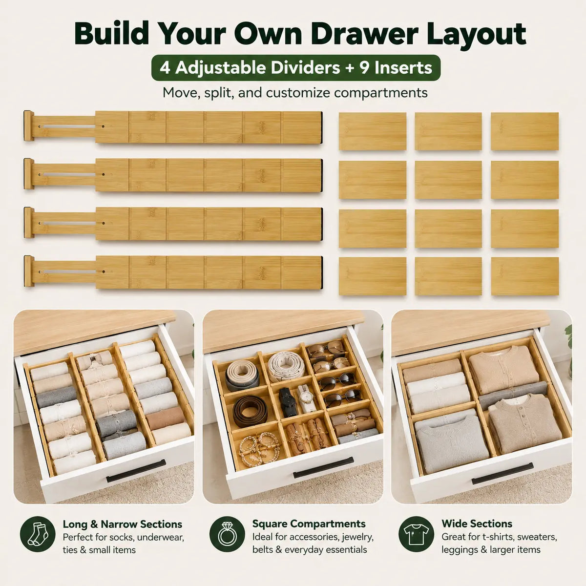 Bamboo Drawer Dividers - Adjustable, Expandable, Customizable Size Organizer Set (4 Dividers + 9 Inserts) - Space-Saving Beauty Bedroom Vanity Organization Home Storage Holder for Closet Drawers, Closet Storage